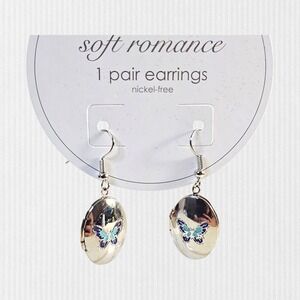 Butterfly Locket Drop Earrings Blue Enamel Victorian Revival Silver‎ Tone